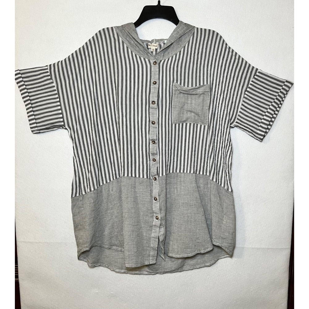 Hem & Thread Women Hooded Coastal Fisherman Lagenlook Striped Shirt Grey 2X